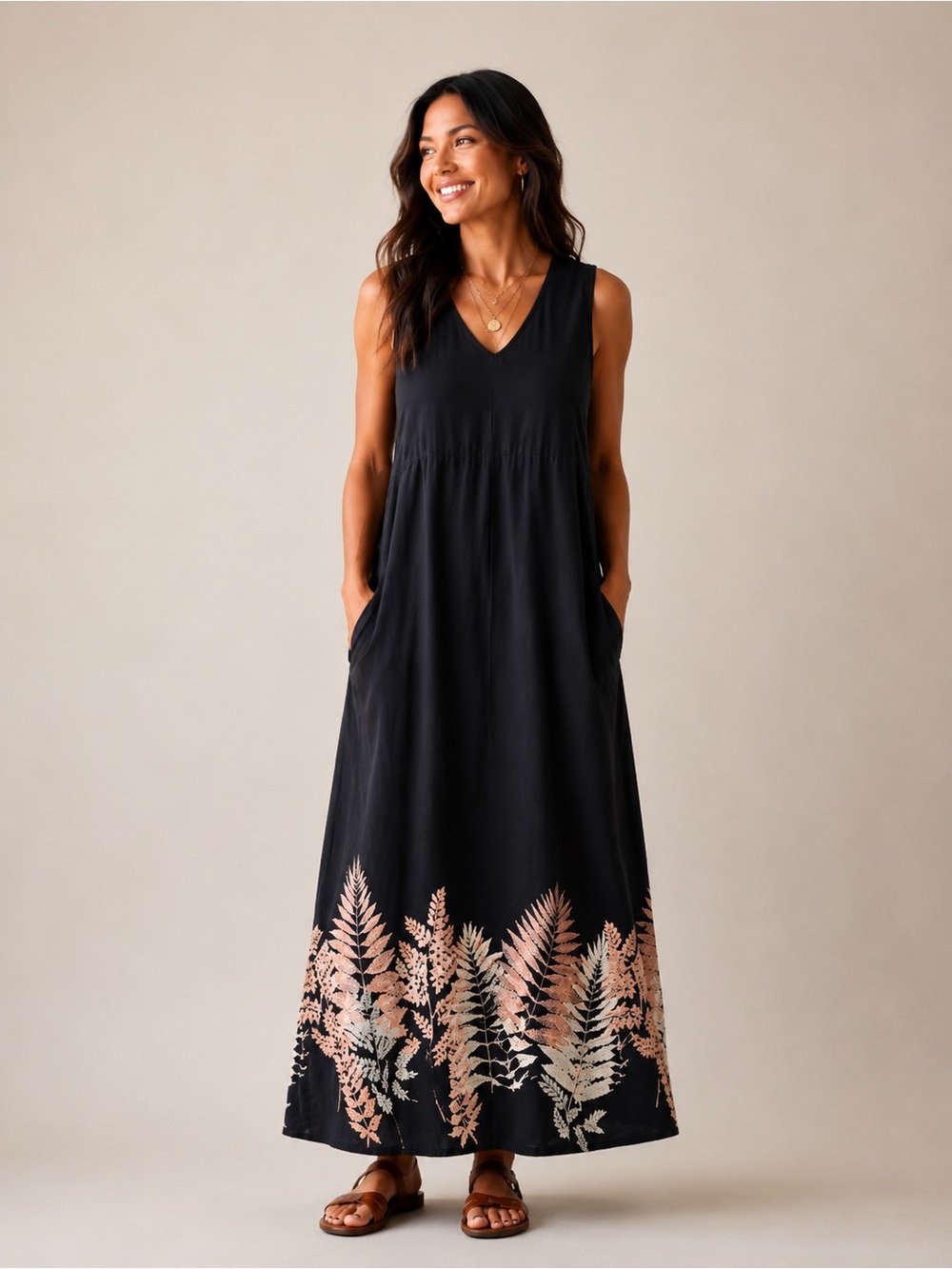 J. Jill | Kantha Stitch A-Line Sleeveless Maxi Dress Fern Hem Cotton Size Small